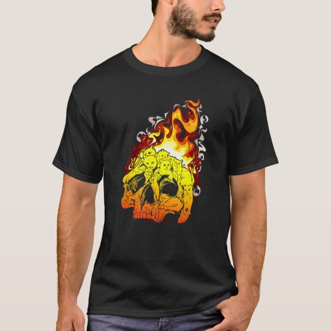 T-shirt Fire Cat Burning Head Skull Head Bone Skull   (Devant)