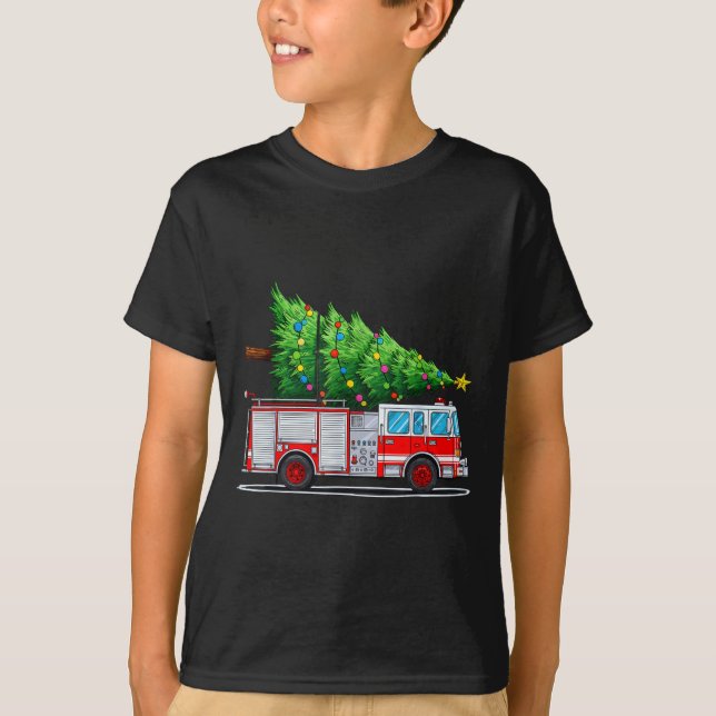 T-shirt Fire Truck Christmas Tree Xmas Lights Firefighter  (Devant)