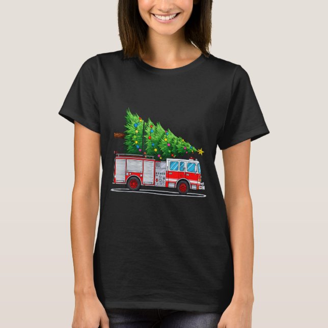 T-shirt Fire Truck Christmas Tree Xmas Lights Firefighter  (Devant)