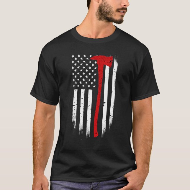 T-shirt Firefighter American Flag Ax Firefighter Support (Devant)