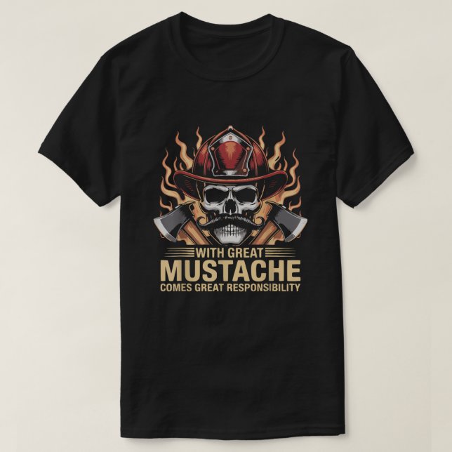T-shirt Firefighter Mustache Skull Hero Flame Axes First R (Design devant)