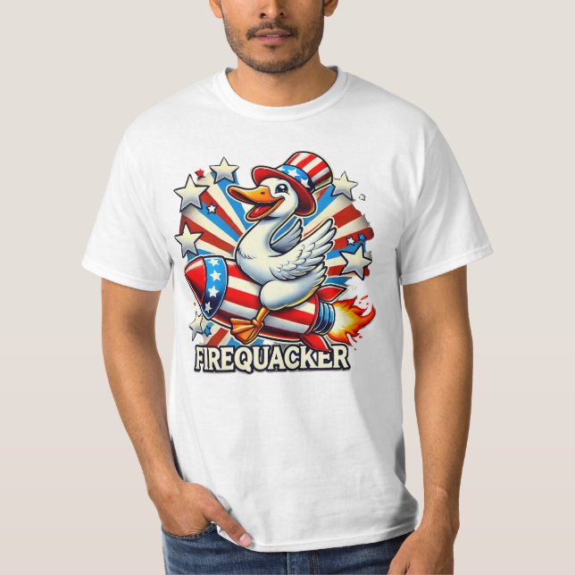 T-shirt FIREQUACKER - Drôle Oie patriotique sur une fusée  (Devant)