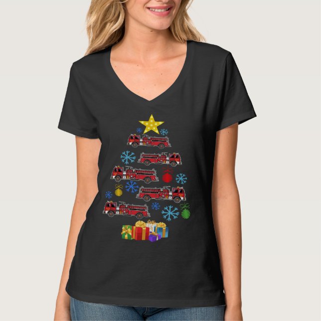 T-shirt Firetruck Christmas Tree Xmas Firefighter Fireman  (Devant)