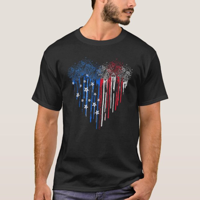 T-shirt Fireworks Drit Coeur Drapeau américain Patriotique (Devant)