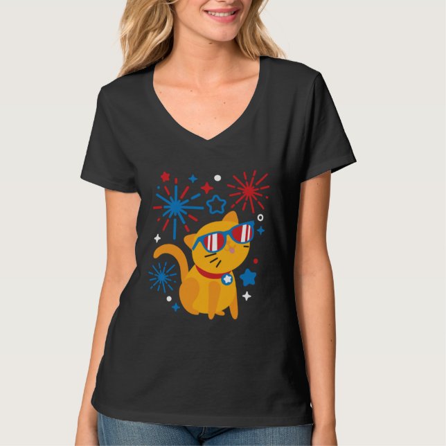 T-shirt Fireworks Meowica 4th Of July USA Flag Merica Cat (Devant)