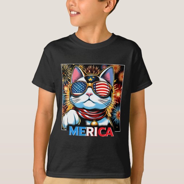 T-shirt Fireworks Patriotique Maneki Neko Chat Merica (Devant)