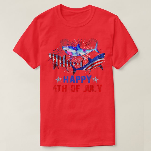 T-shirt Fireworks Rouge Blanc Bleu Trois requins Joyeux 4è (Design devant)