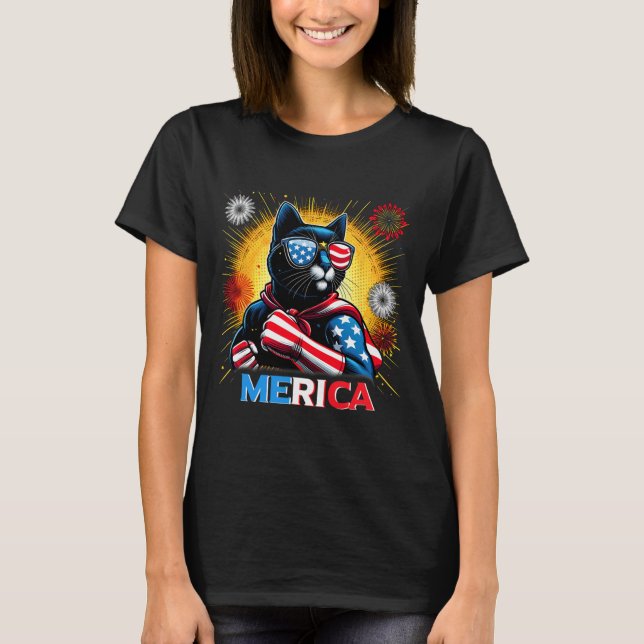 T-shirt Fireworks Us Drapeau Patriotique Chat Noir (Devant)