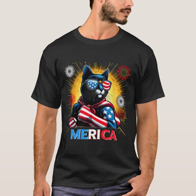 T-shirt Fireworks Us Drapeau Patriotique Chat Noir (Devant)