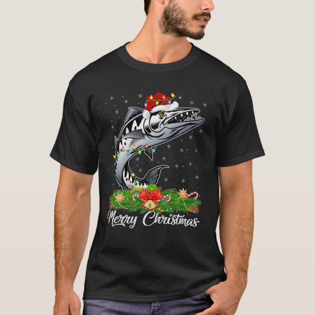 T-shirt Fishing Lover Matching Santa Hat Barracuda Fish Ch (Devant)