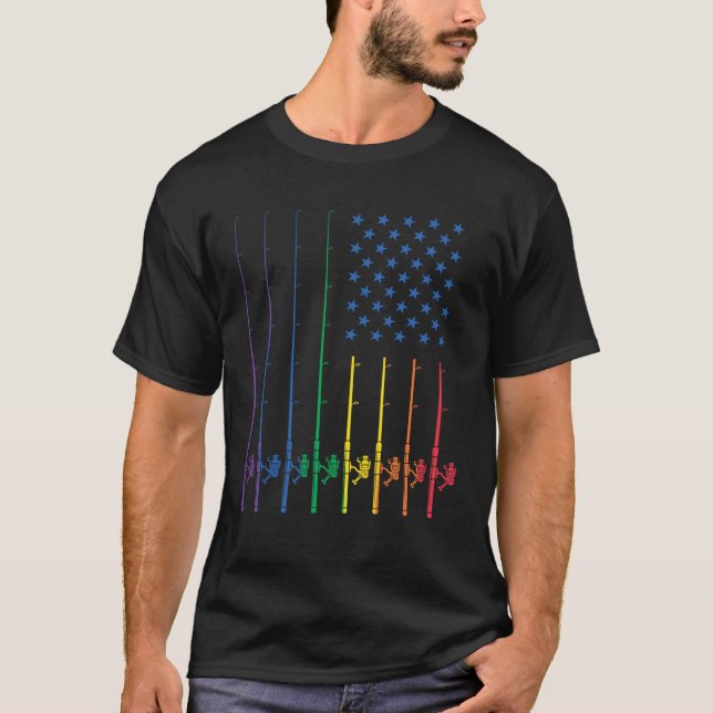 T-shirt Fishing Spinning Rod LGBT Rainbow Pride USA Americ (Devant)