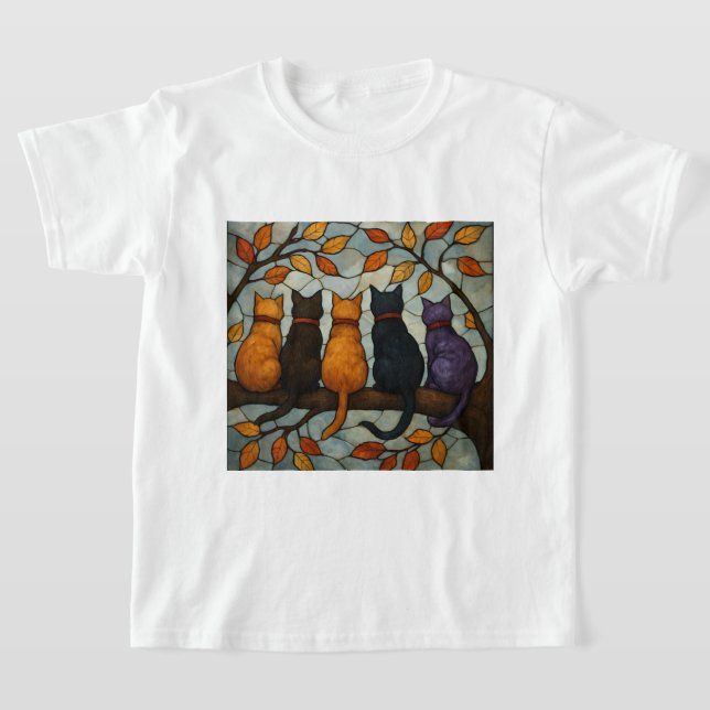 T-shirt Five Cats on a Tree Branch Stained Glass Style (Poser)