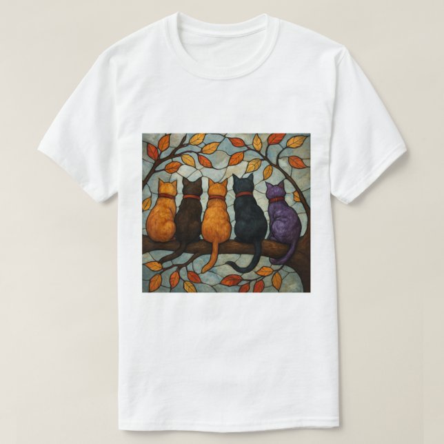 T-shirt Five Cats on a Tree Branch Stained Glass Style (Design devant)