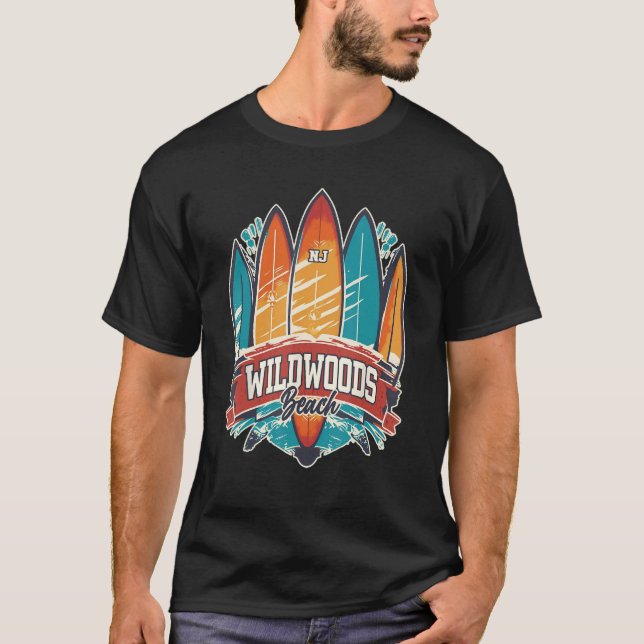 T-shirt FIVE VINTAGE SURFBOARDS  Wildwoods Beach NJ (Devant)