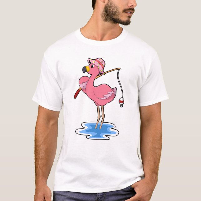 T-shirt Flamant rose à la pêche avec canne à pêche (Devant)