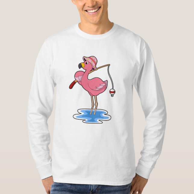 T-shirt Flamant rose à la pêche avec canne à pêche (Devant)