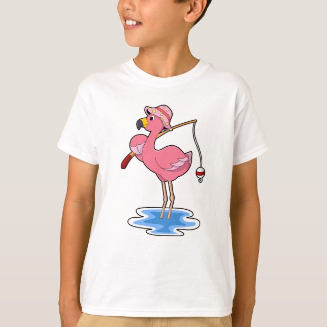 T-shirt Flamant rose à la pêche avec canne à pêche (Devant)