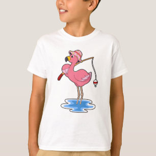 T-shirt Flamant rose à la pêche avec une canne à pêche