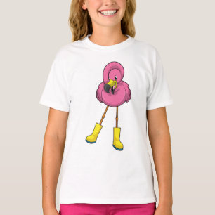 T-shirt Flamant rose à la pluie avec bottes en caoutchouc