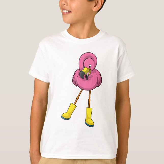 T-shirt Flamant rose à la pluie avec bottes en caoutchouc (Devant)