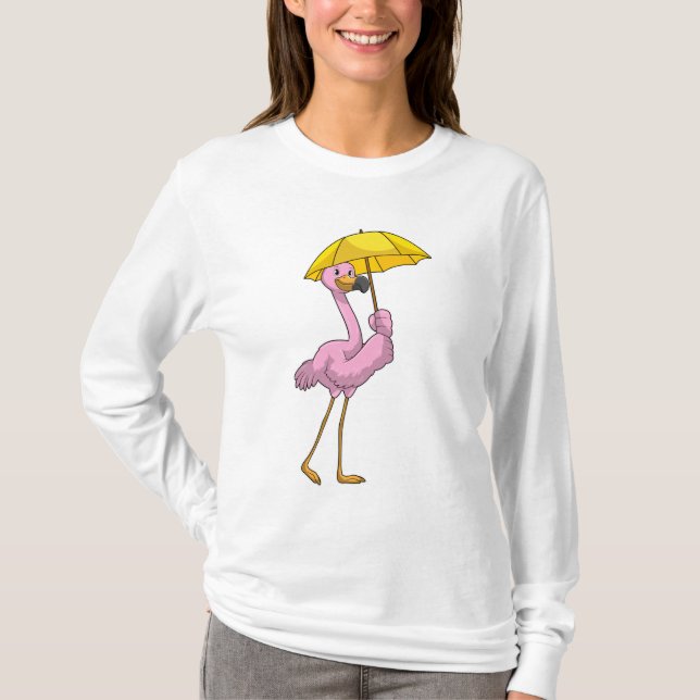 T-shirt Flamant rose à la pluie avec parapluie (Devant)
