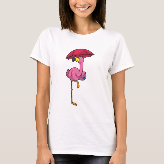 T-shirt Flamant rose à la pluie avec parapluie (Devant)
