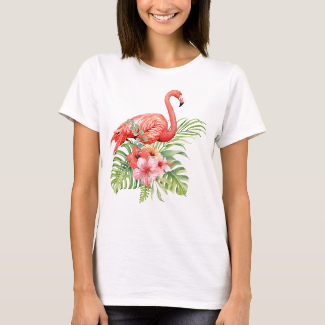 T-shirt Flamant rose aquarelle et Hibiscus (Devant)