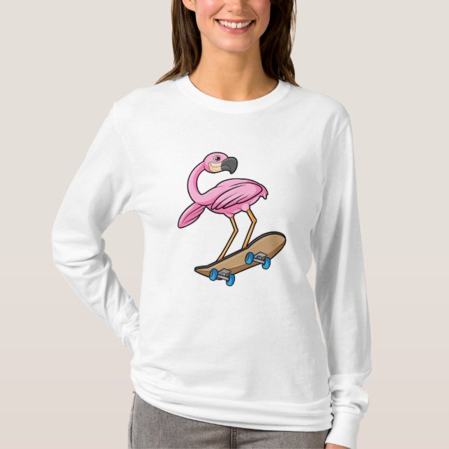 T-shirt Flamant rose comme Patineur avec Skateboard (Devant)