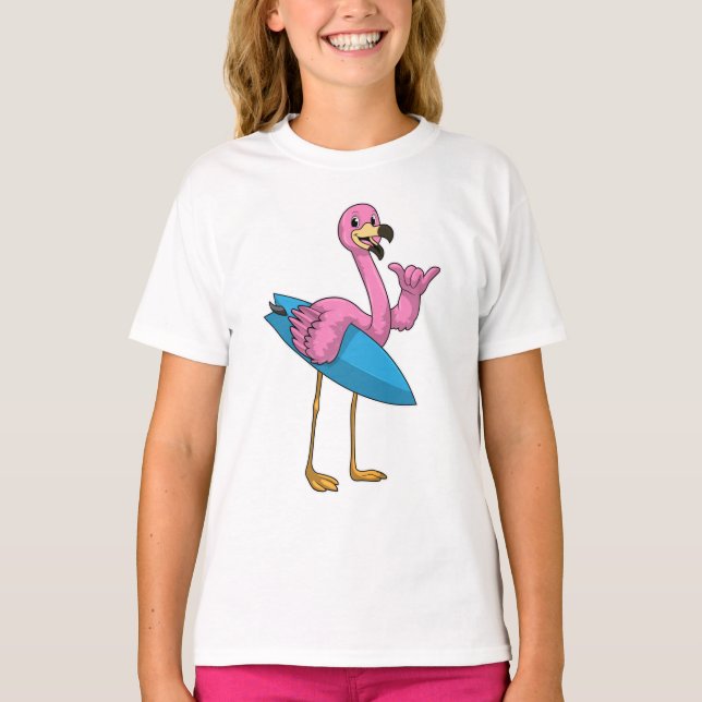 T-shirt Flamant rose comme Surfer avec Surfboard (Devant)