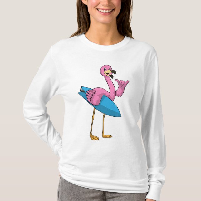 T-shirt Flamant rose comme Surfer avec Surfboard (Devant)