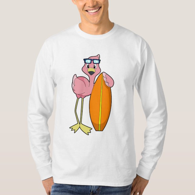T-shirt Flamant rose comme Surfer avec Surfboard.PNG (Devant)