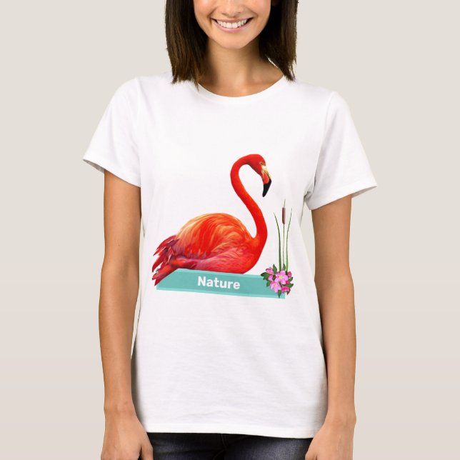 T-shirt Flamant rose corail & fleurs (Devant)