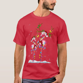 T-shirt Flamant rose de Noël Santa Hat Jeu de lumières Fla