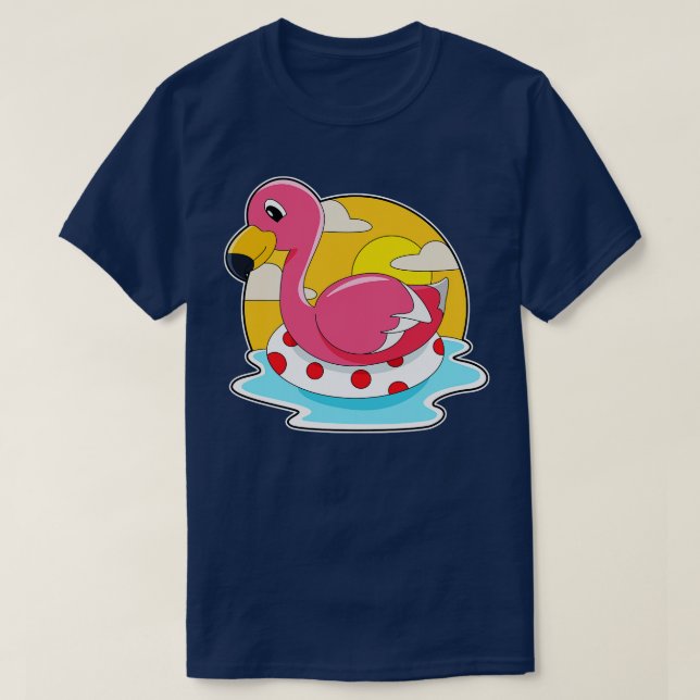 T-shirt Flamant rose en train de nager avec un bouée de sa (Design devant)