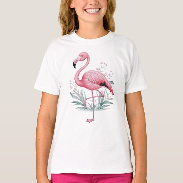 T-shirt Flamant rose et fleurs (Devant)