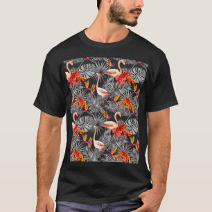 T-shirt Flamant rose et fleurs, motif monochrome.