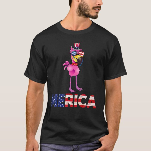 T-shirt Flamant rose Merica Drapeau américain Drôle drôle  (Devant)