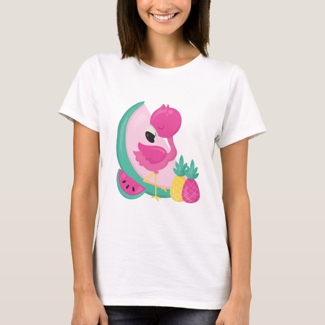 T-shirt Flamant rose rose avec pastèque et ananas (Devant)