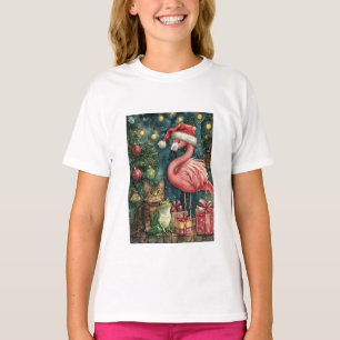 T-shirt Flamant rose rose Chat & Grenouille Noël tropical