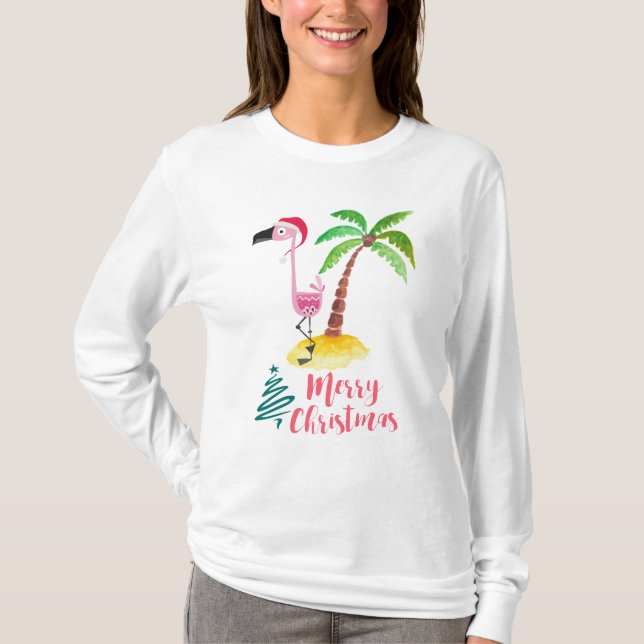 T-shirt Flamant rose Rose Dans Un Chapeau De Père Noël Tro (Devant)
