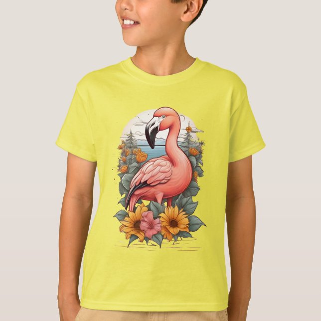 T-shirt Flamant rose rose entouré de fleurs (Devant)