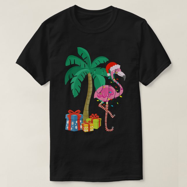 T-shirt Flamant rose rose Noël Palmier Tropical Xmas Fu (Design devant)