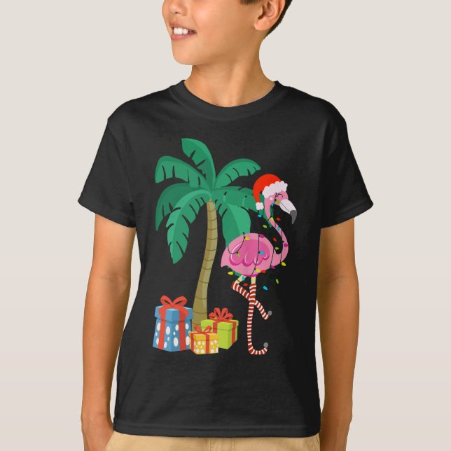 T-shirt Flamant rose rose Noël Palmier Tropical Xmas Fu (Devant)