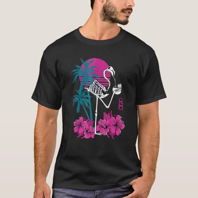 T-shirt Flamant rose Skeleton Fleur Retro Crazy Boire Fla (Devant)
