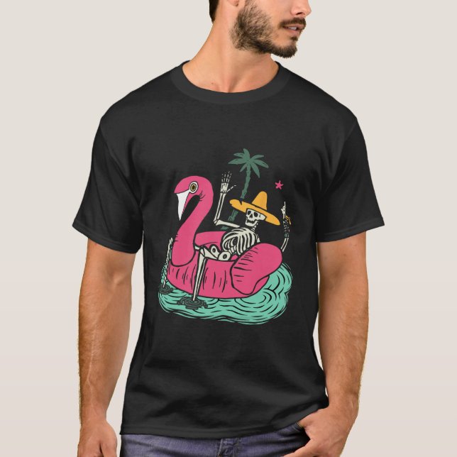 T-shirt Flamant Rose Squelette Flotteur Vacances Boisson d (Devant)