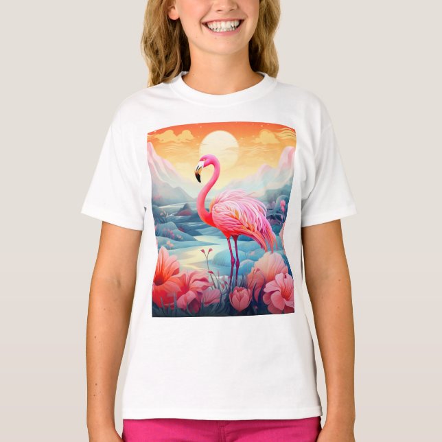 T-shirt Flamant rose tropical aux fleurs (Devant)