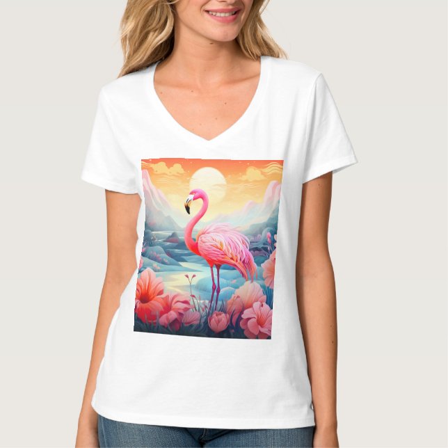 T-shirt Flamant rose tropical aux fleurs (Devant)