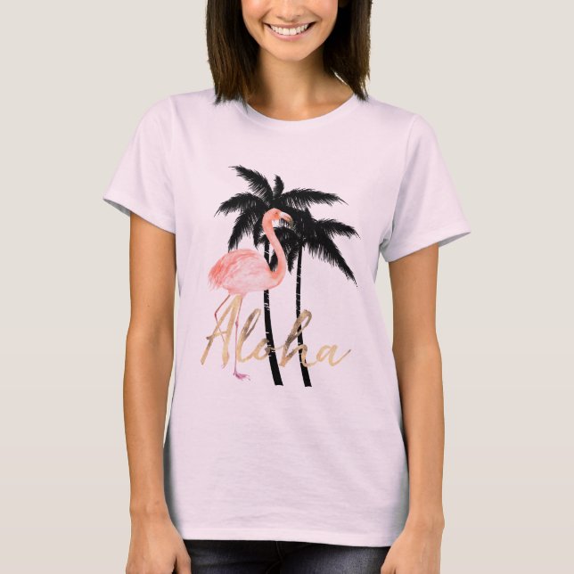 T-shirt Flamant rose tropical de palmiers Aloha (Devant)