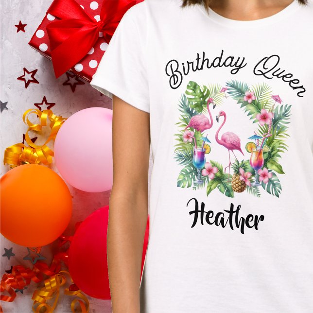 T-shirt Flamant rose tropical Reine d'anniversaire (Tropical Flamingo Birthday Queen T-shirt for Delightful Birthday Party!  Enjoy Tropical vibes!)