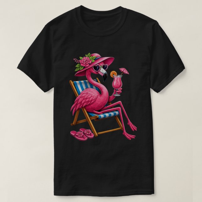 T-shirt Flamant Tropical Se Détendant Sur Chaise De Plage (Design devant)